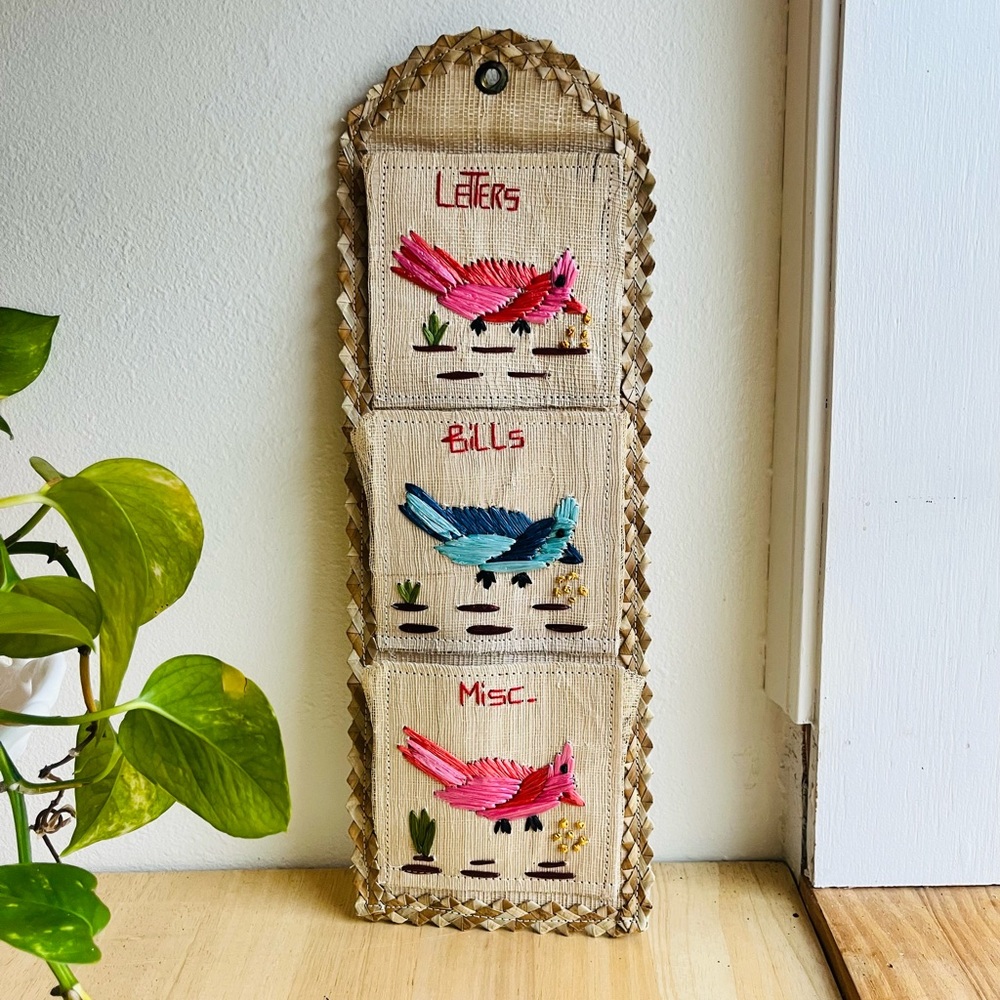 vintage straw/raffia wall organizer /mail holder with three pockets
